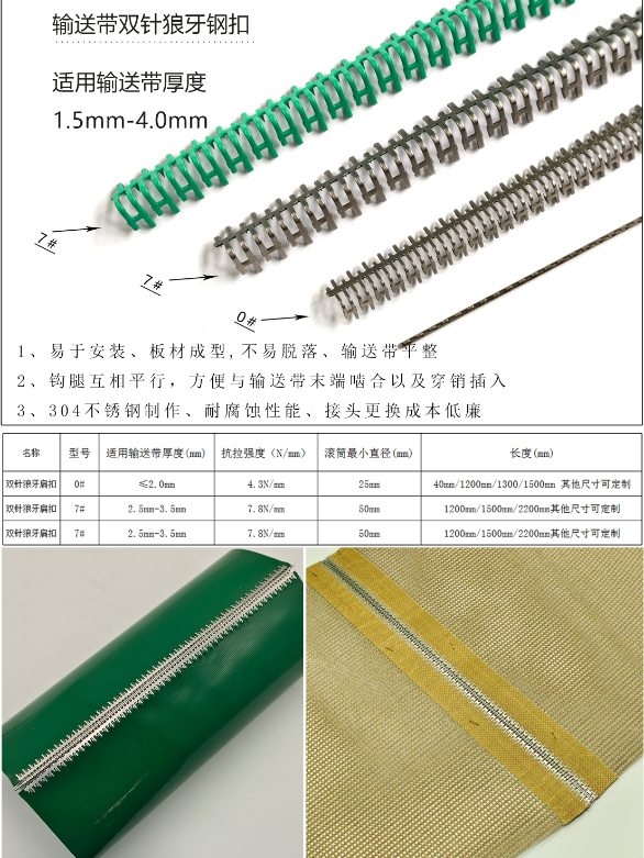 0# 双针狼牙钢扣，特氟龙皮带扣接头